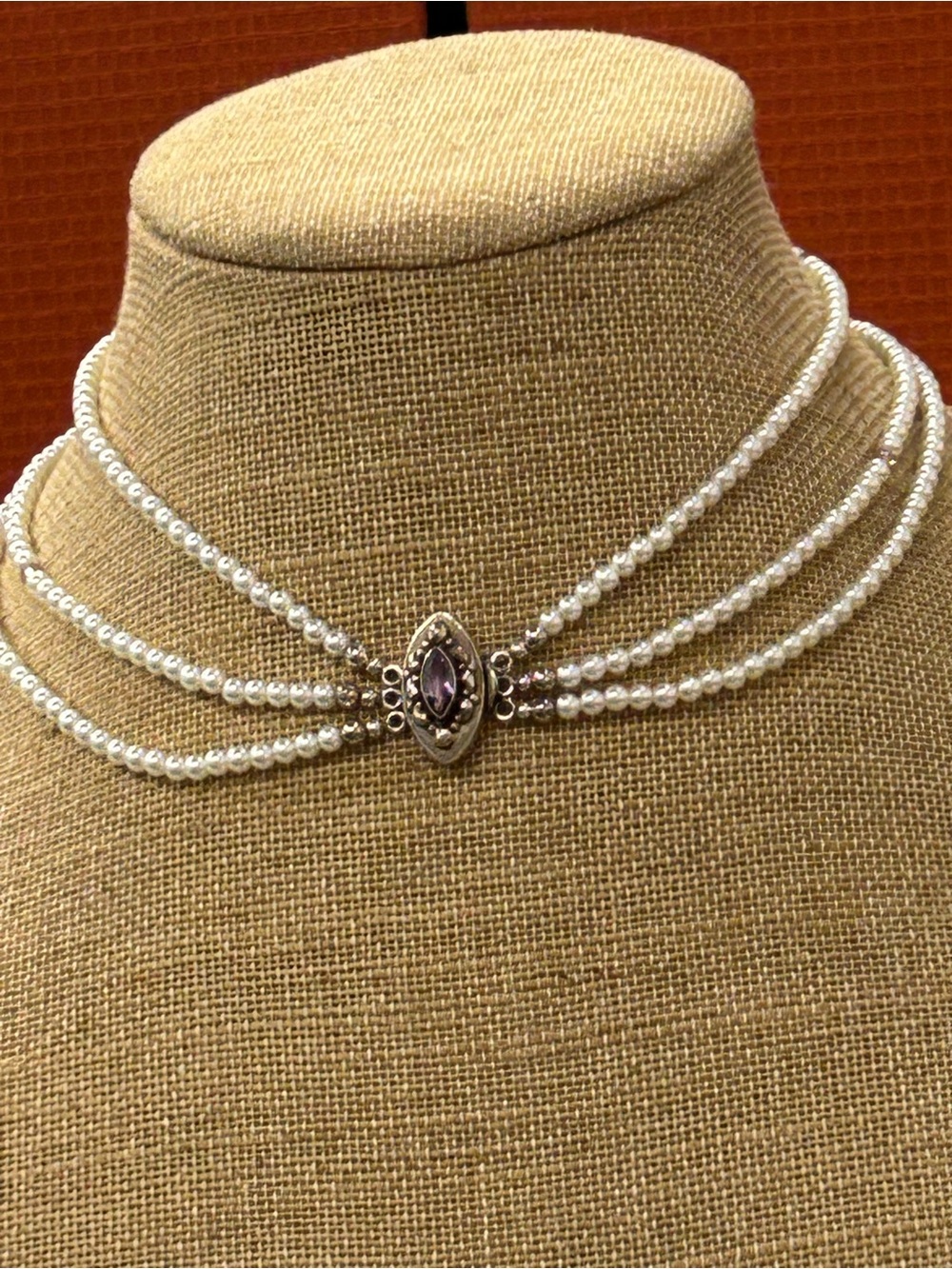 Sterling Silver Amethyst and faux pearl Triple-Strand necklace 16”